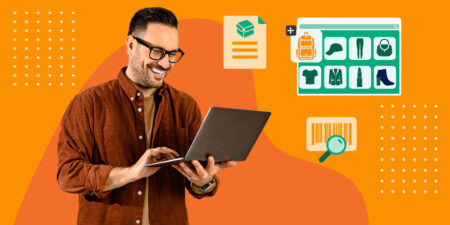 Produktdatenmanager arbeitet am Laptop mit digitalem Produktkatalog und Kategorie-Symbolen im Hintergrund.