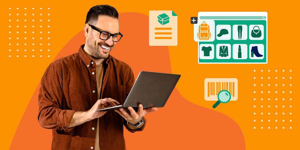 Produktdatenmanager arbeitet am Laptop mit digitalem Produktkatalog und Kategorie-Symbolen im Hintergrund.