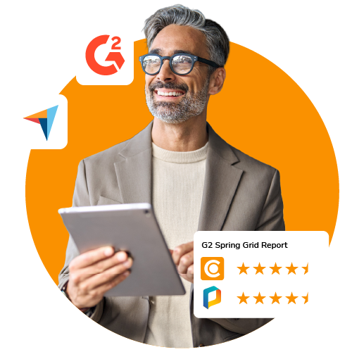 Canto vs. PhotoShelter comparison graphic showing a smiling businessman holding a tablet, with G2 Spring Grid Report ratings displaying 4.5 stars for both Canto and PhotoShelter on an orange background.