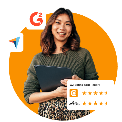 Canto vs. Air comparison graphic showing a smiling woman holding a tablet, with G2 Spring Grid Report ratings displaying 4.5 stars for both Canto and Air on an orange background.