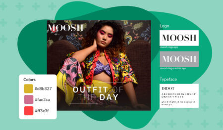 Brand asset elements are layered over an in-progress brand ad on a green background.