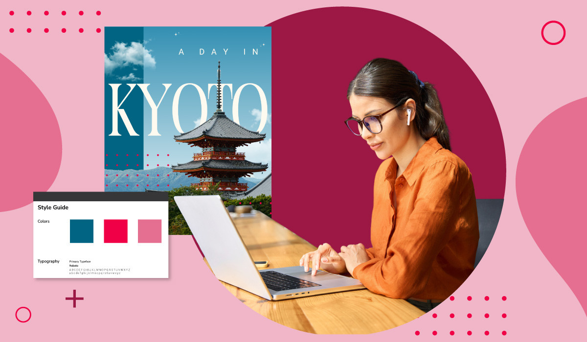 Marketer applying brand guidelines with a digital style guide showing colors and typography to maintain consistent visual branding.