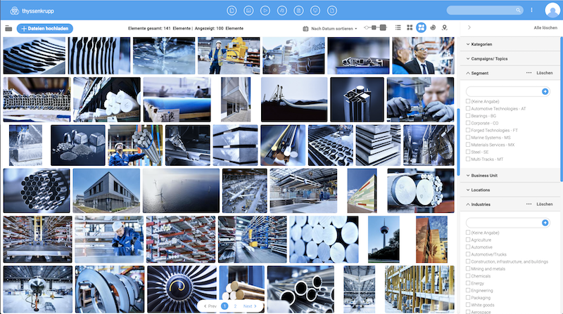 Screenshot des Canto DAM-Systems im Einsatz für thyssenkrupp.
