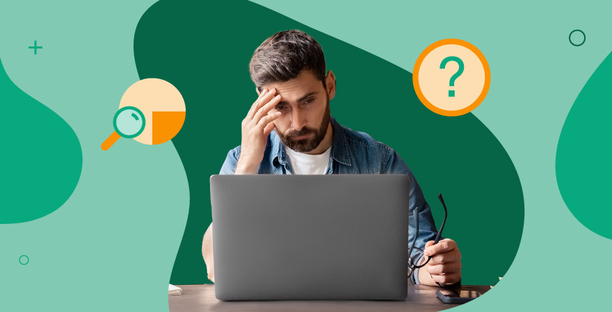A man looks concerned at his computer with icons of an orange search bar and question mark float around a green background.