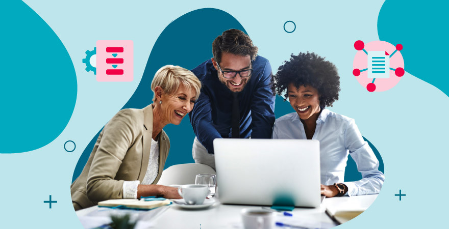 Three people smile over a laptop with sharing icons with links and gears float around all over a blue background.