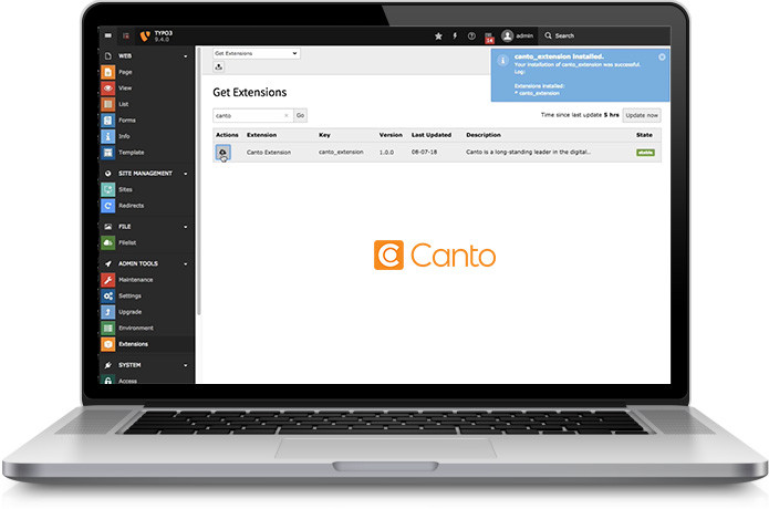 A laptop showing the extension page for installing the TYPO3 Integration for the Canto DAM.