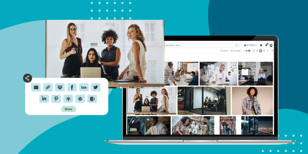 An image of a laptop with a DAM system library full of images of models in cool outfits with an image of four models lay over the laptop with sharing options over the asset all over a blue background