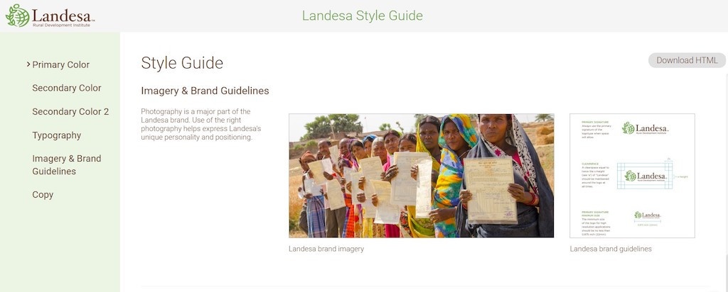 Landesa's Style guide, an Image of women holding paper is center of screen on the left a side bar with the different style guide categories on the far right the Landesa Logos