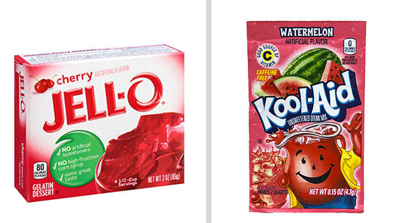 red JELL-O and watermelon Kool-Aid boxes.