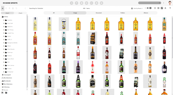 Screenshot of the Canto media library of Inspirits Premium Drinks showing bottles of their products.