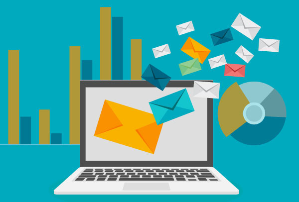 Illustration of emails flowing out of a laptop computer with email analytics graphs in the background.