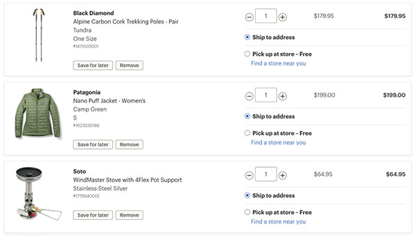 Screenshot of wishlist-style cart contents with hiking poles, a down jacket, and a camping stove.