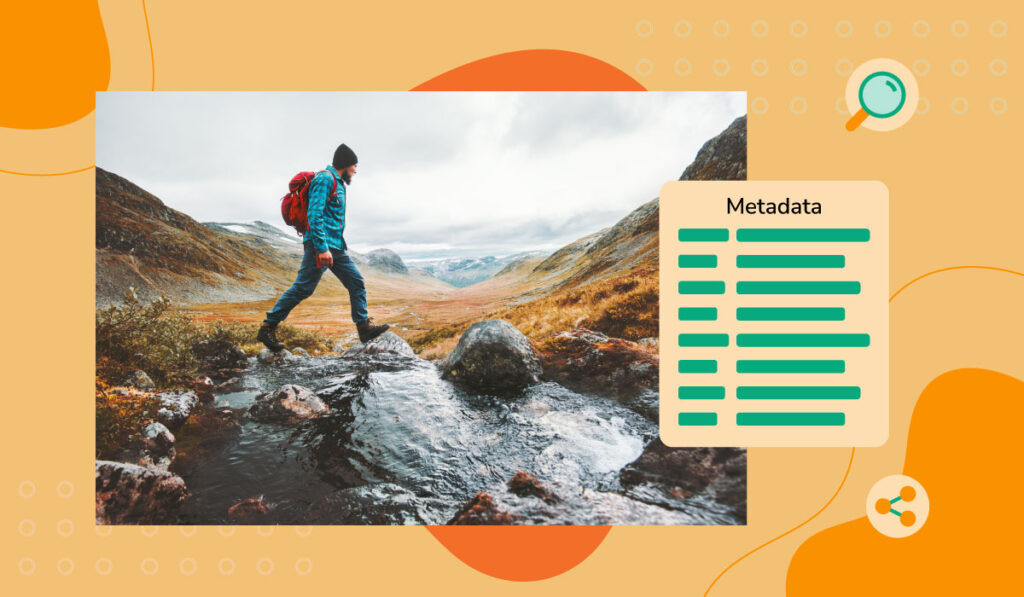 A nature image of a hiker walking over a river with a block of text for the images metadata and icons of magnifying glass and data sharing over an orange background.
