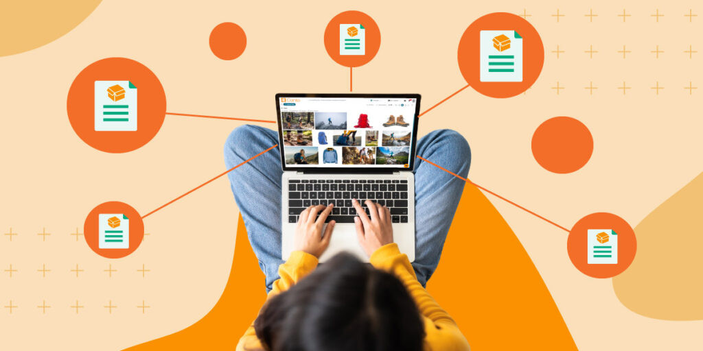 birds eye view of a woman on laptop with metadata icons float around all over an orange background