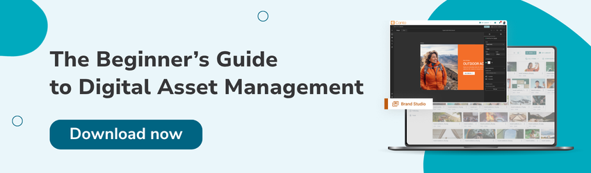 Image of a digital asset management system on a computer with test that reads: The beginners guide to digital asset management - Download here " all over a blue background