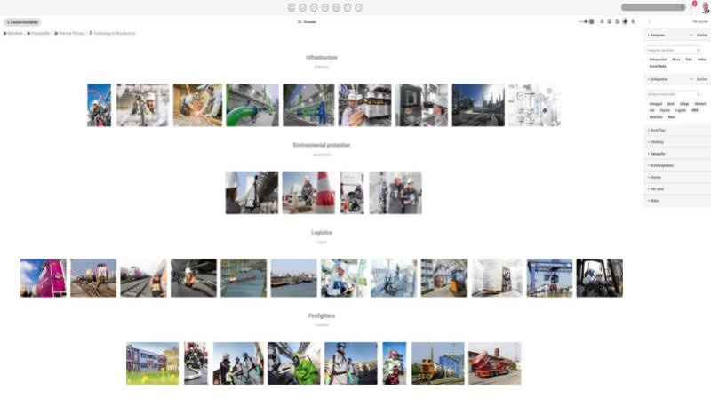 Evonik's digital asset management system, with organized assets including: infrastructure, environmental protection, landscpes and firefighters and images that related to the asset folder titles