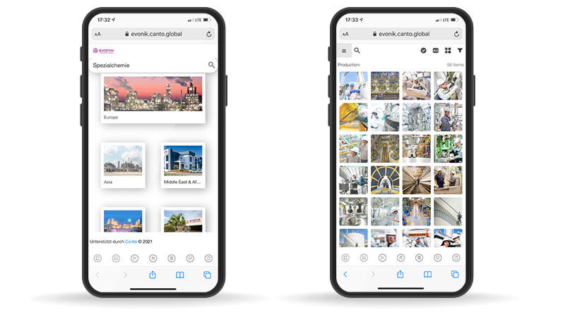 An image of two iphones with the Evonik mobile view of the digital asset database full of images of the different Evonik plants