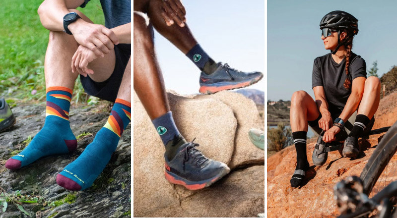 A three panel image of different terrains, a forest trail with a view of the mid calf blue/multi colored socks a rocky landscape with mid calf blue socks with icon and hiking shoes and an image of a cyclist putting back on their bike shoes in a desert climate.