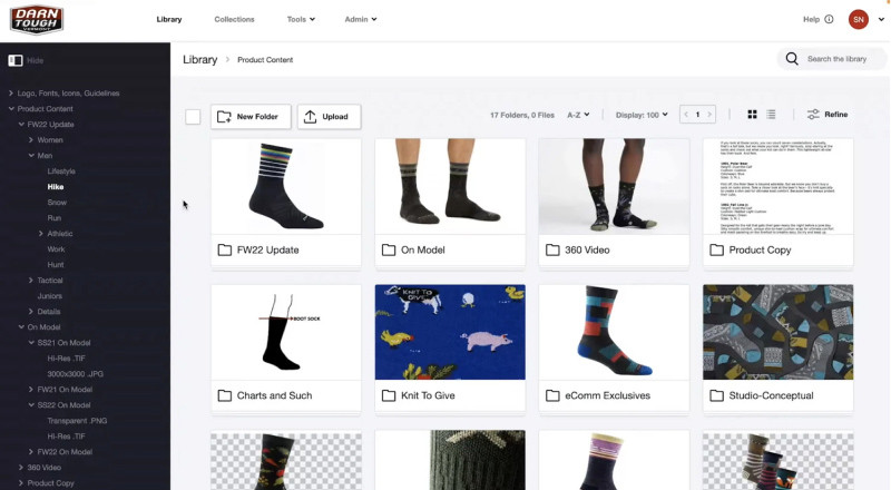 Darn tough socks digital asset mangement library with images of different socks and patterns with the folder sidebar on left side of library open to "mens hike" sub folder open