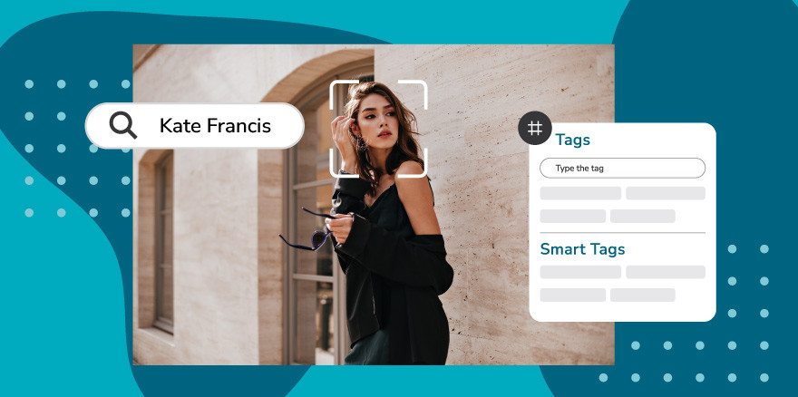 An image of a mddel in all black with an AI smart tag over her face and to the side of the image and a search bar above that reads 'Kate Francis' all over a blue background