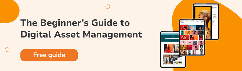 3 overlapping tablets showing digital assets on the right side over an orange background, with the words "The Beginner's Guide to Digital Asset Management" and "Free guide" on the left side.
