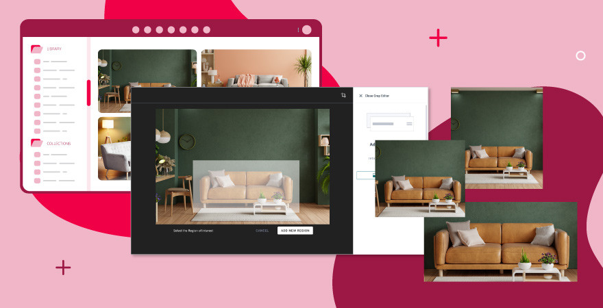 An image showing images in different sizes being automatically created by Canto's Media Publisher over a red background.