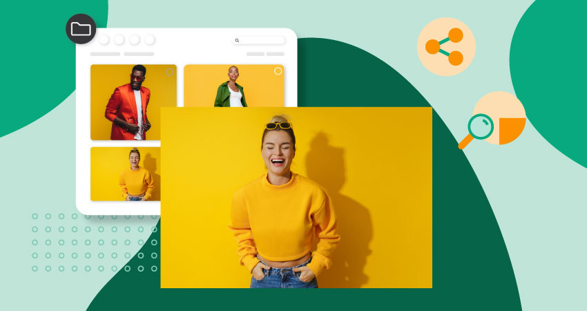 A person in a yellow outfit laughs in front of a yellow background, overlaid on a mockup of an image gallery with various portraits set against an abstract geometric background.
