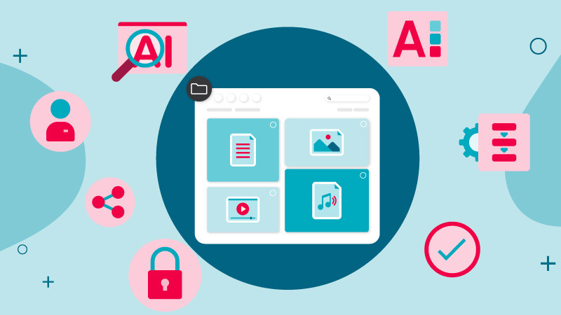 Illustration of a file management interface with icons for document, image, video, and music files, surrounded by various symbols and icons on a light blue background.