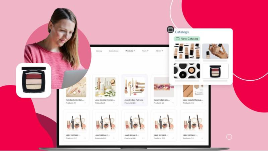 a woman looks at her products in her digital asset management library in search for a specific blush shade via the catalog on the computer screen over a red background