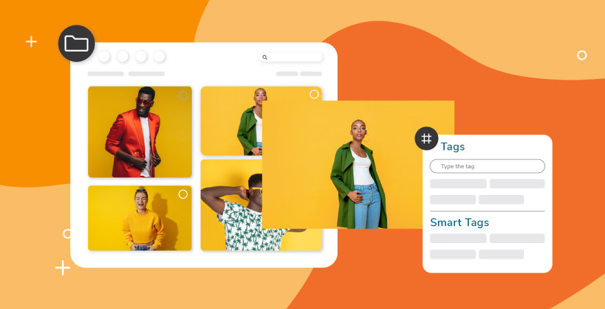 Orange background with photos of models being uploaded to a digital asset management (DAM) platform. The images are being tagged manually and automatically.