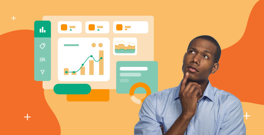a man in a blue shirt looking curious with an illustrated brand management system behind him all over an orange background