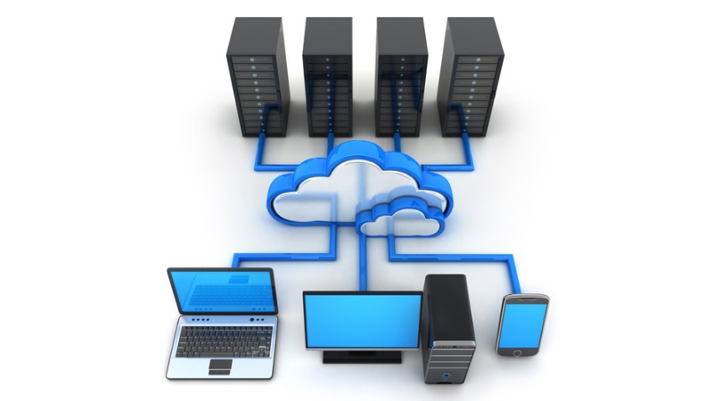 A laptop, a desktop computer and a mobile phone are connected by conductor paths to a cloud symbol, which in turn is connected to several servers.