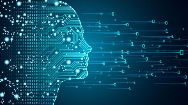 A digital image of a human head made up of circuits and conductor paths that dissolves into individual data points of zeros and ones.