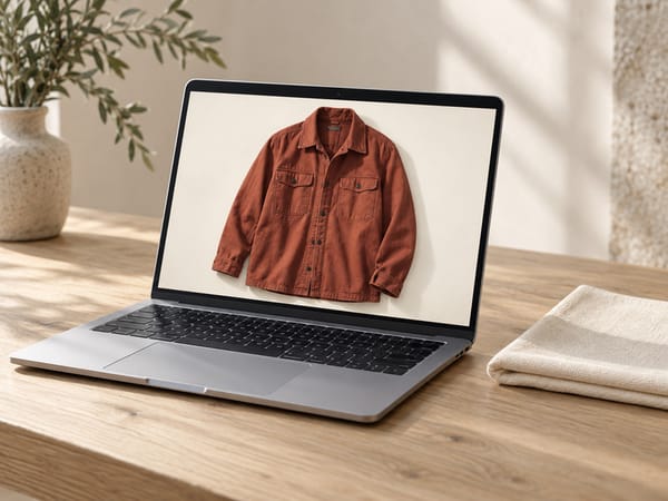 A laptop on a wooden desk showing the product photo of the rust overshirt