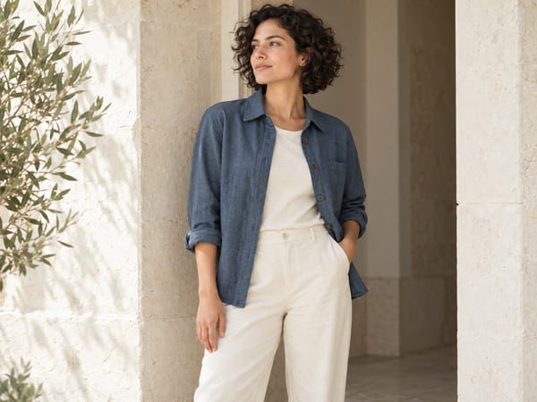 A woman in a blue linen shirt and cream trousers leaning against a stone wall