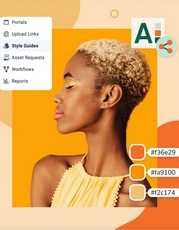 Brand campaign portrait with style guide swatches